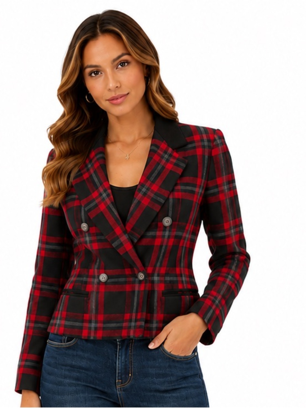 Parisian Works Red & Black Plaid Double-Breasted Blazer